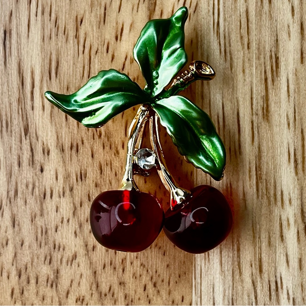 Cherry Brooch with Green Leaves